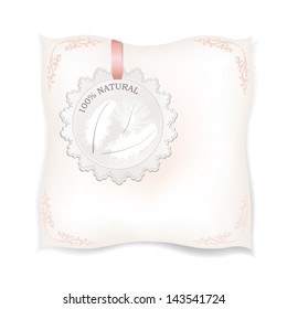 White pillow isolated. Natural product label. Feather Vector illustration. Pillow close up on white background