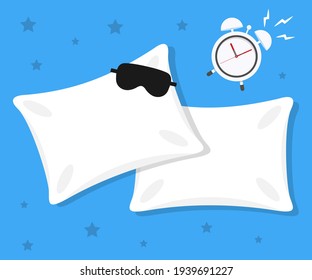 White Pillow on Blue Background Relaxation, sleeping concept pillow with blindfold on it
