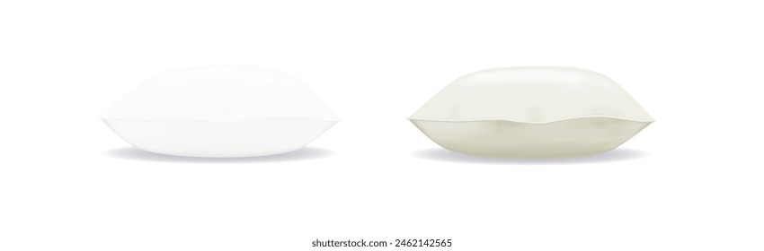 Vista superior, lateral y frontal en forma cuadrada de almohada blanca. Cojín realista para las maquetas del sueño conjunto almohada aislada en blanco. Vector