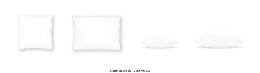 White pillow square shape top, side and front view. Realistic cushion for sleep mockups set pillow isolated on white. Vector