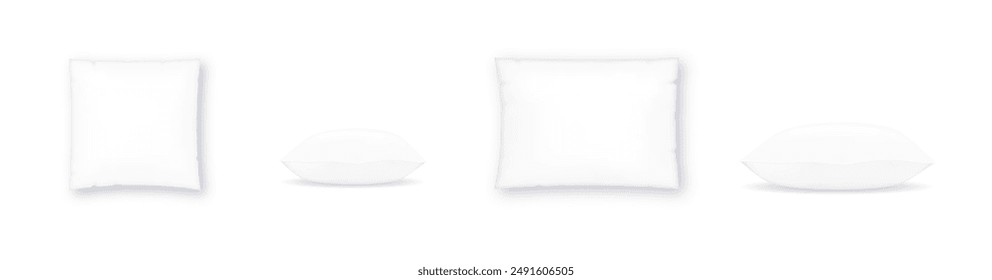 White pillow square shape top, side and front view. Realistic cushion for sleep mockups set pillow isolated on white. Vector