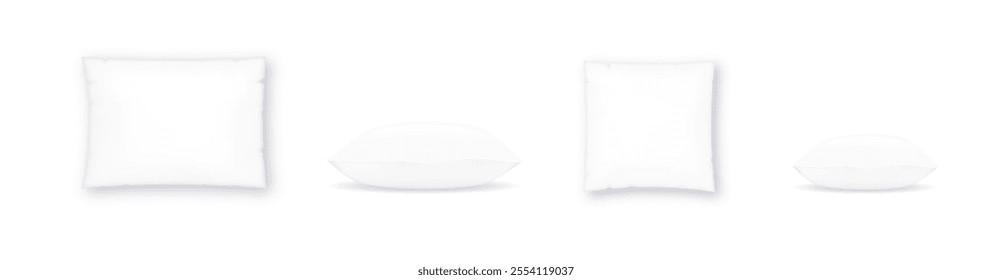 White pillow square shape top, side and front view. Realistic cushion for sleep mockups set pillow isolated on white. Vector