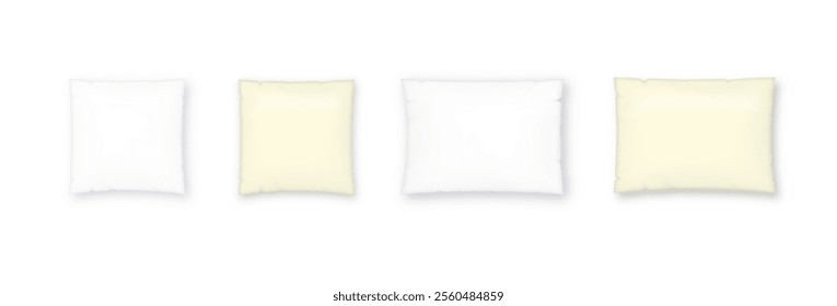 White pillow square shape top, side and front view. Realistic cushion for sleep mockups set pillow isolated on white. Vector