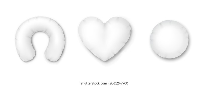 White pillows of different shapes: for neck, heart shaped and circle. Blank orthopedic cushions for bedroom and travel sleeping. Realistic 3d vector illustration