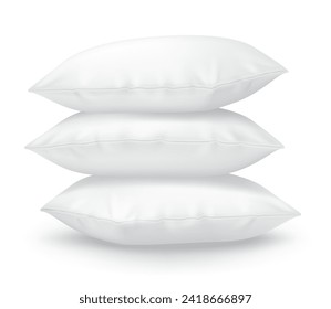 White pillows stack realistic vector illustration. Fluffy cushions for bedroom 3d models on white background. Bedding items for sleeping