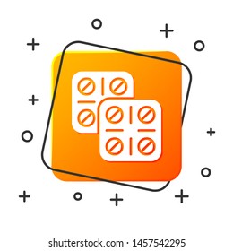 White Pills in blister pack icon isolated on white background. Medical drug package for tablet: vitamin, antibiotic, aspirin. Orange square button. Vector Illustration