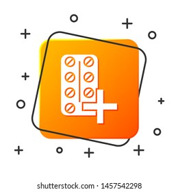 White Pills in blister pack icon isolated on white background. Medical drug package for tablet: vitamin, antibiotic, aspirin. Orange square button. Vector Illustration