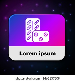 White Pills in blister pack icon isolated on black background. Medical drug package for tablet: vitamin, antibiotic, aspirin. Rectangle color button. Vector Illustration