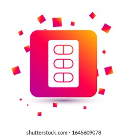 White Pills in blister pack icon isolated on white background. Medical drug package for tablet, vitamin, antibiotic, aspirin. Square color button. Vector Illustration