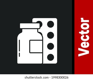 White Pills in blister pack icon isolated on black background. Medical drug package for tablet, vitamin, antibiotic, aspirin.  Vector