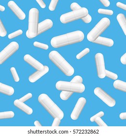 White Pills Capsules Background Patter on Background. Ready for Your Design. Vector illustration