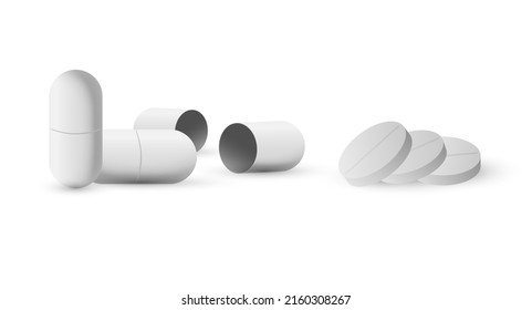 White pills and capsules on a white background. Medicines, pharmaceuticals, placebo. Vector illustration svg