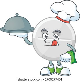 A white pills chef cartoon design with hat and tray
