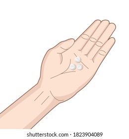 píldoras blancas en la palma de la mano, ilustración vectorial