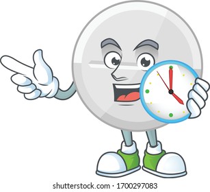White pills mascot design concept holding a circle clock