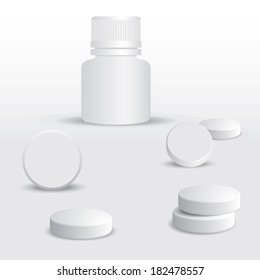 White pills and white medical container for pills. Vector illustration