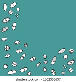  píldoras blancas en un fondo azul, ilustración vectorial de dibujo manual