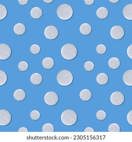White pills on a blue background. Seamless pattern. The concept of treatment and recovery. A health design element for apps, websites and social networks. Vector illustration