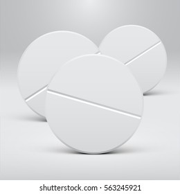 White pills on a grey background, realistic vector illustration