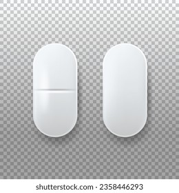 Weiße Tabletten auf transparentem Hintergrund. 3D-Vektortabletten, Draufsicht