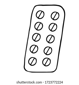 White pills in pack on a white background. Vector illustration of Doodle Pharmacy.
