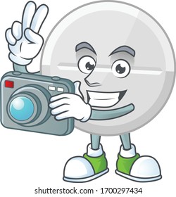 White pills photographer mascot design concept using an expensive camera