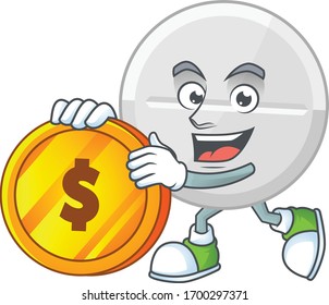 White pills rich cartoon character have big gold coin