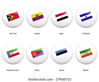 white pin badges with flag of all countries started name by letter E