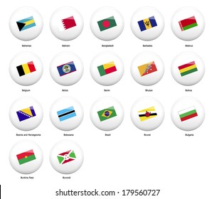 white pin badges with flag of all countries started name by letter B