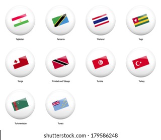 white pin badges with flag of all countries started name by letter T