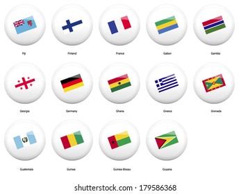 white pin badges with flag of all countries started name by letter F,G