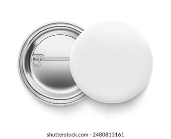 White Pin Button Abzeichen Mockup.  Vektorillustration isoliert auf weißem Hintergrund. Bereit und einfach für Ihr Design zu verwenden. Das Mock-up lässt die Präsentation so realistisch aussehen. EPS10.