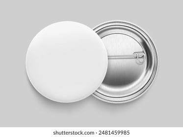 White pin button badge mockup. Vector illustration isolated on grey background. Ready and simple to use for your design. The mock-up will make the presentation look as realistic as possible. EPS10.