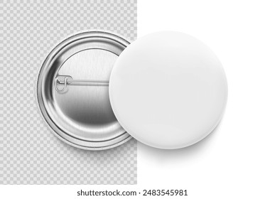 White pin button badge mockup. Vector illustration isolated on white and transparent backgrounds. Ready for your design. EPS10.