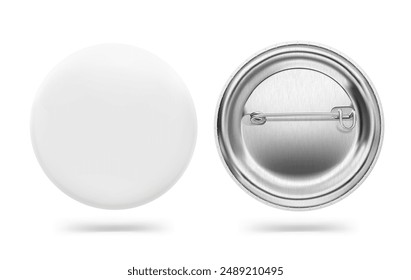 White pin button badge mockup. Vector illustration isolated on white background. Ready and simple to use for your design. The mock-up will make the presentation look as realistic as possible. EPS10.	