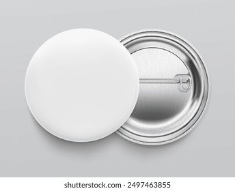 White pin button badge mockup. Vector illustration isolated on grey background. Ready and simple to use for your design. The mock-up will make the presentation look as realistic as possible. EPS10.