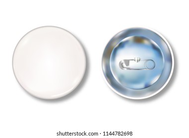 White pin button front and back side. Blank badge brooch mockup design. Vector illustration.