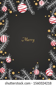 White pine leaves and Christmas decoration balls border on dark background for decoration in Christmas holiday.