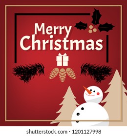 white pine trees and snow man with Merry Christmas text. Design for Merry Christmas, Happy New Year or Happy Holidays Greeting Card. 