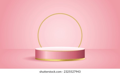 Fondo de pedestal blanco rosa 3d con marco de anillo de vidrio dorado para presentación de productos cosméticos