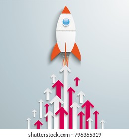 White and pink arrows with rocket on the gray background. Eps 10 vector file.