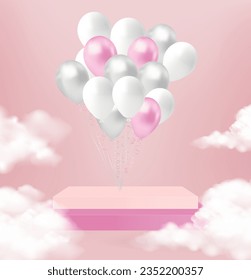 Globos blancos y rosas sobre fondo rosa con nubes. Ilustración vectorial.