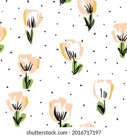 White and Pink Blossom Drawn Vector Seamless Pattern. Lotus Fashion Wallpaper. Abstract Felt pen Background. Tulip Fabric Illustration.