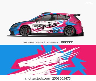 White, pink, blue car wrap complements with white paint splatters. Perfect for eyecatching vehicle branding or advertising campaigns.