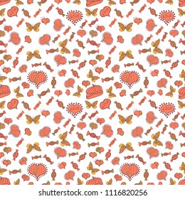 White, pink and brown version. Vector illustration. Cute and colorful candy sweet seamless pattern on white, pink and brown background. Isolated.