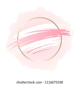 White and pink brush strokes in gold round contour frame. 