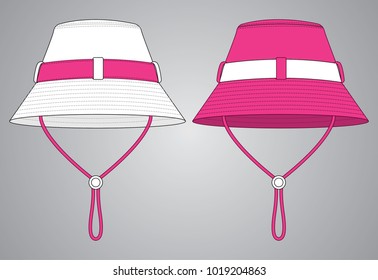 White and Pink Bucket Hat with Cord and Stopper Toggle Design, Vector File