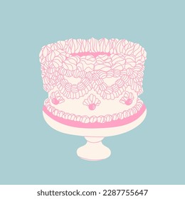 White and pink Cake with delicious cream. Retro style. Sweet tasty food. Hand drawn trendy Vector illustration. Isolated design element. Party, wedding, anniversary, celebration, birthday concept