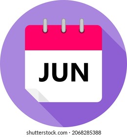white and pink calendar page with JUN month abbreviation in Brazilian Portuguese written in black and a purple circle background whith shadows clipart vector editable changeable image