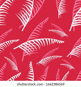 White and pink color coconut plant leaves seamless pattern for wallpaper, wrapping, textile, bags and bedsheet. Botanical endless fabric on red background. Tropical modern repeat texture.